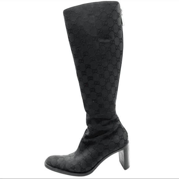 Gucci Black Monogram Canvas Knee High Heeled Boots - Picture 1 of 7